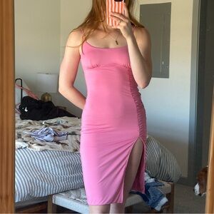 Elegant Pink Ruched Midi Dress